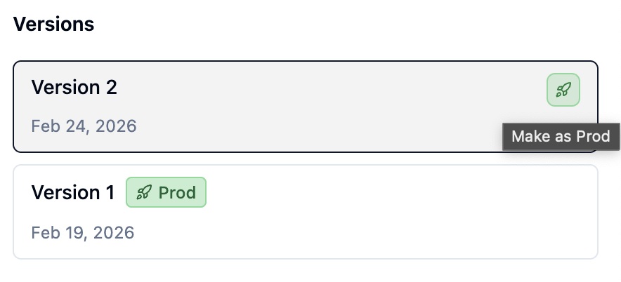 Versions tab with Set as Production button