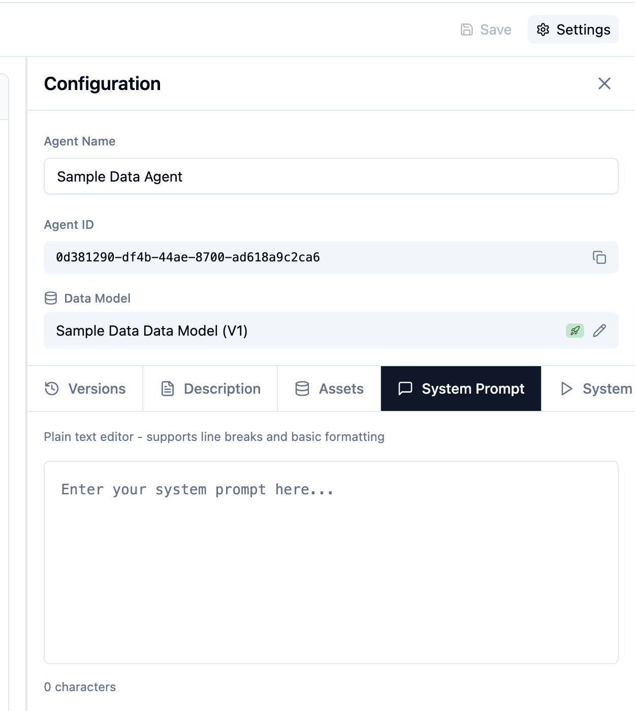 Agent configuration panel showing the System Prompt, SQL Generation Prompt, and Chart Generation Prompt fields