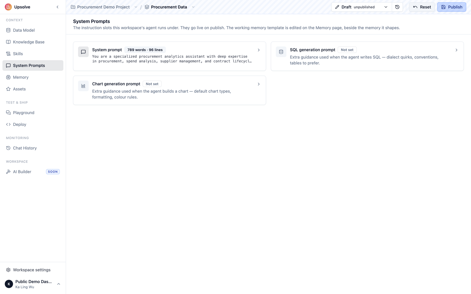 A workspace's System Prompts page with a card for each of the three prompt fields