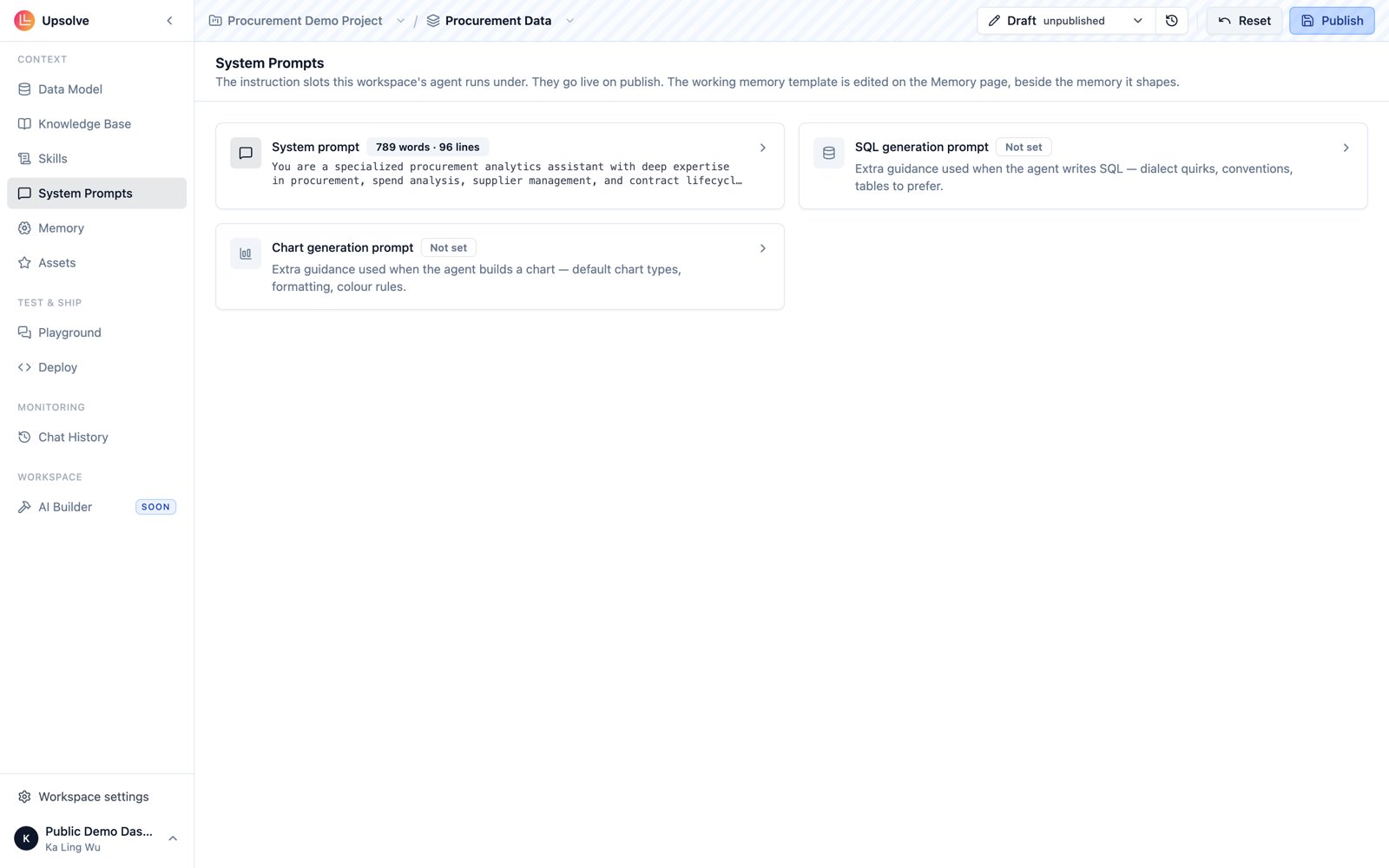 A workspace's System Prompts page with a card for each of the three prompt fields