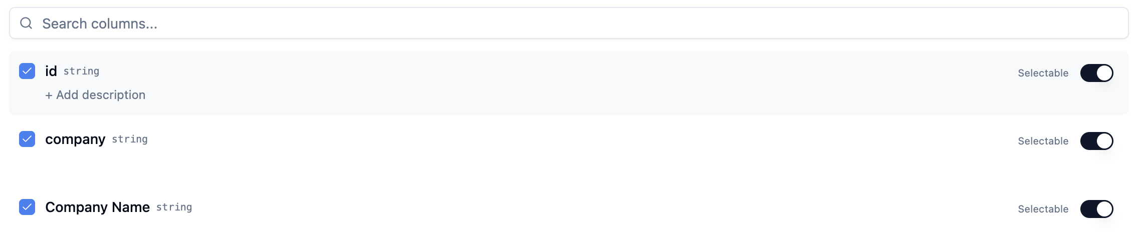 Table and column selection interface