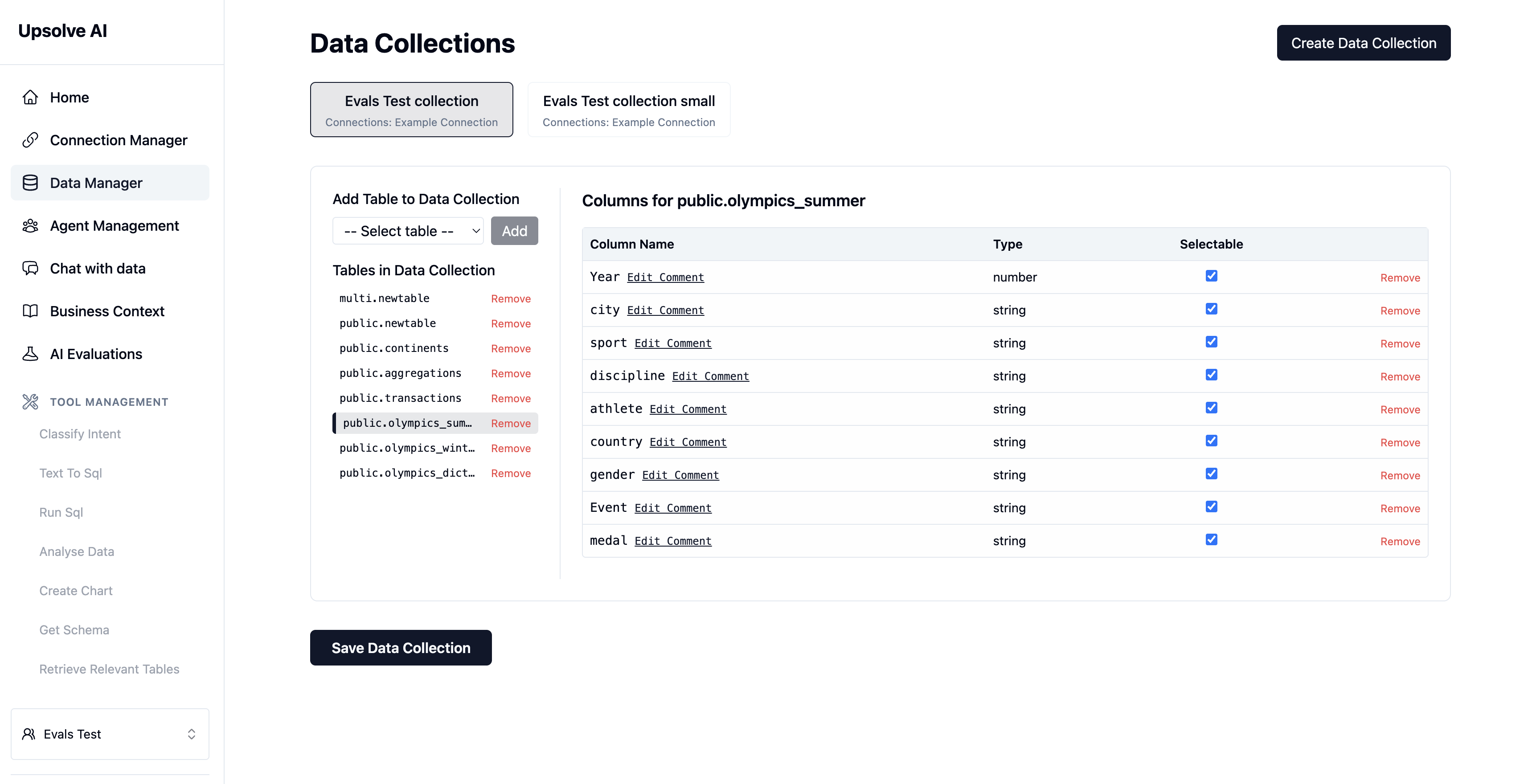 Data catalog interface showing table selection