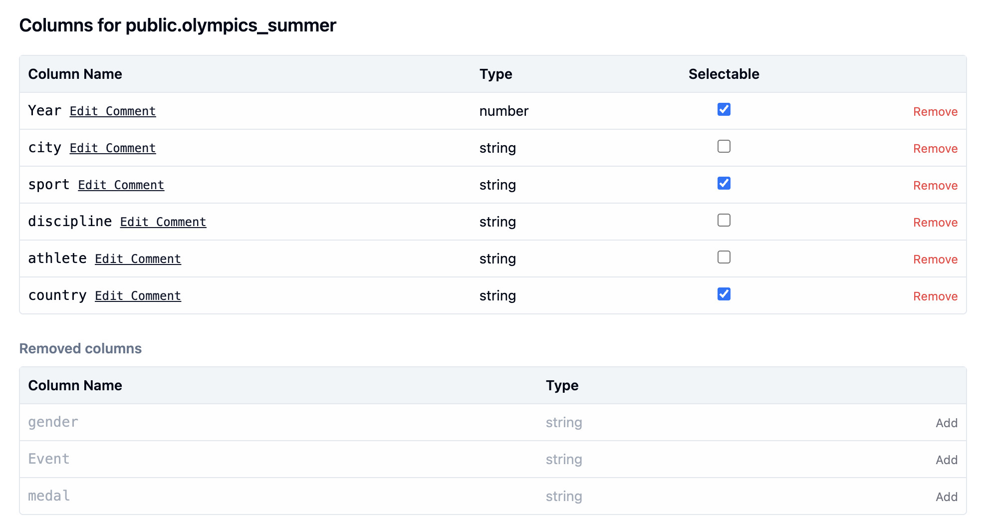Column selection interface with checkboxes