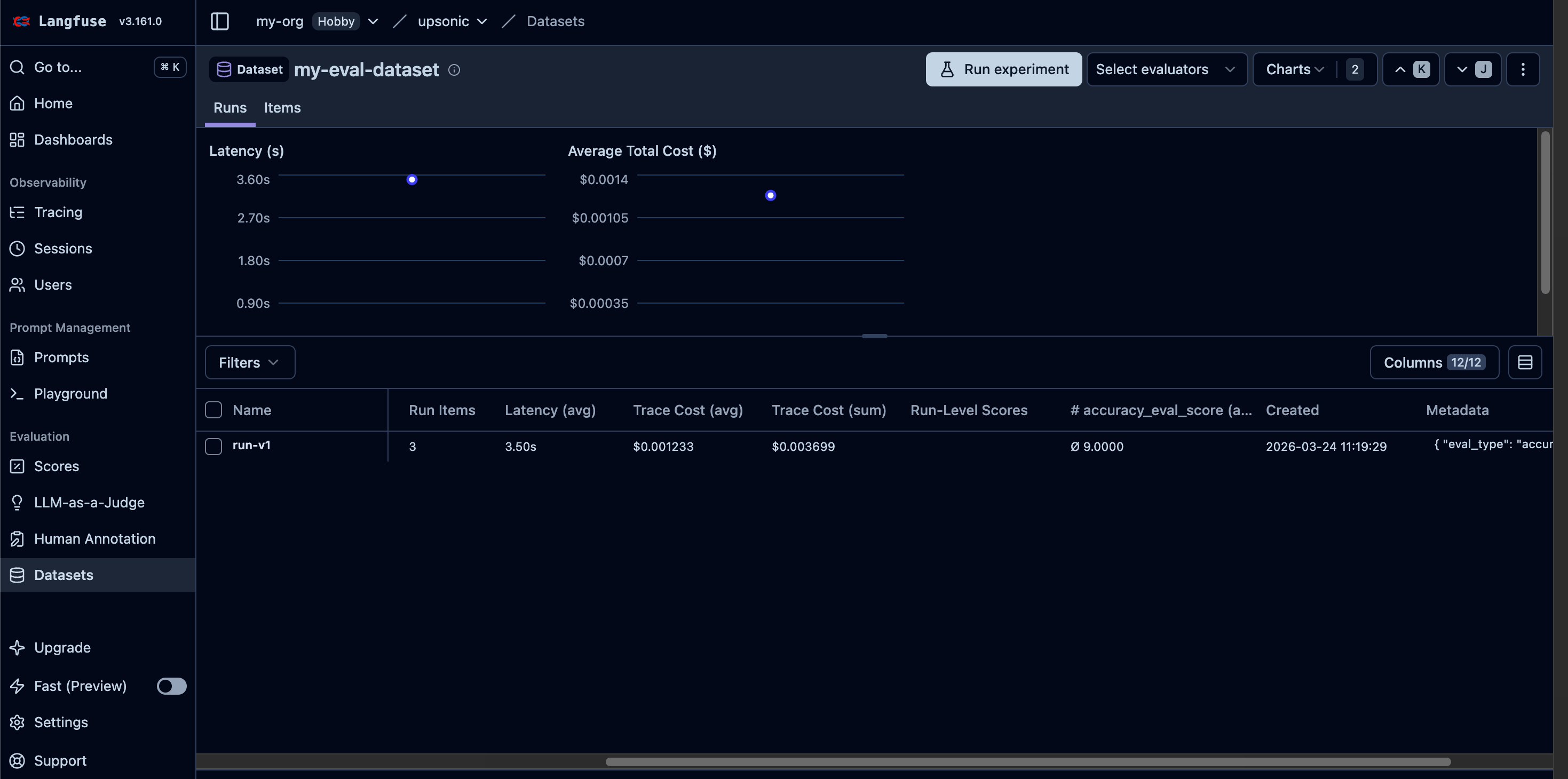 Langfuse datasets overview with items and runs