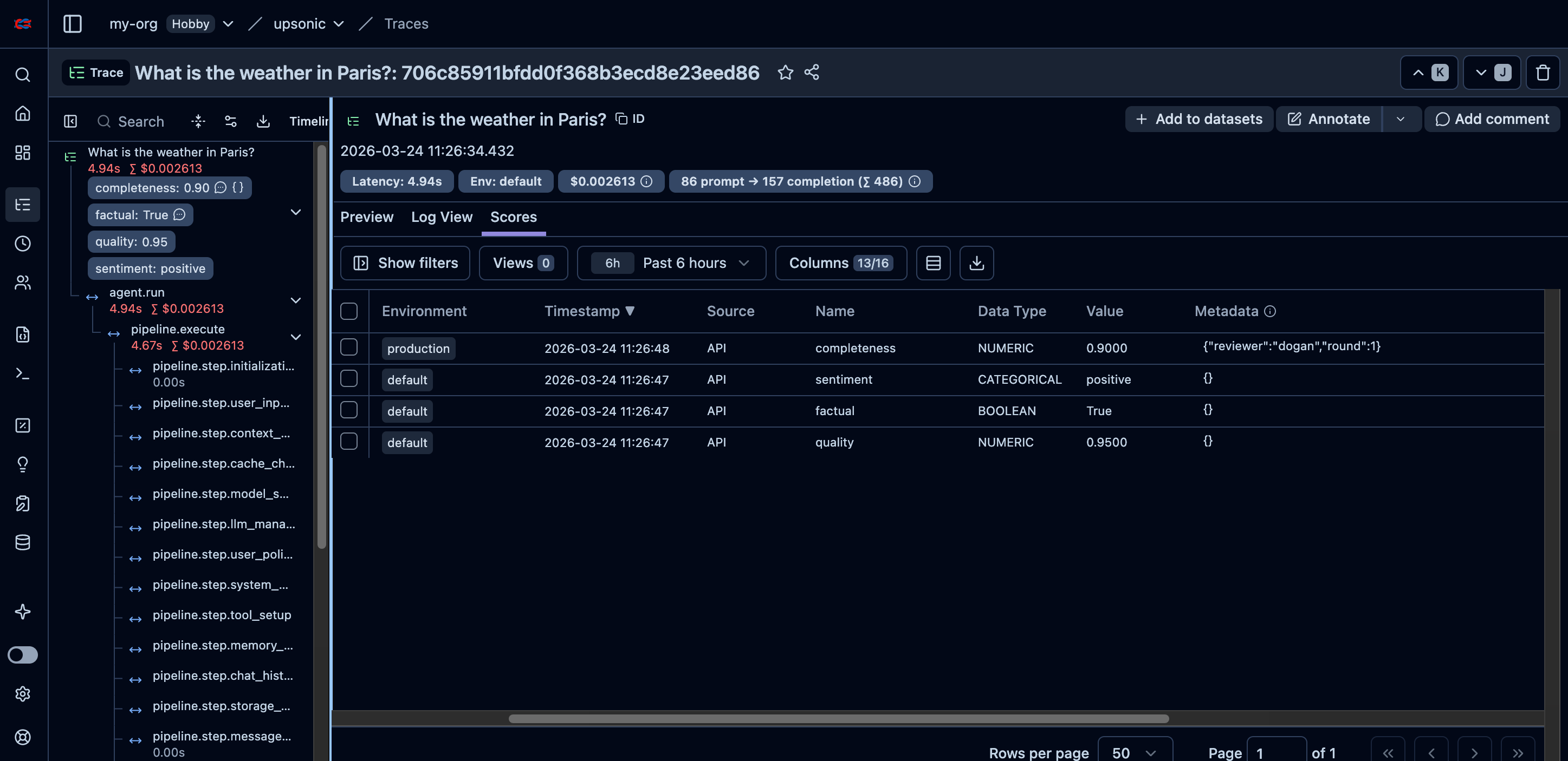Langfuse trace detail with numeric, boolean, and categorical scores