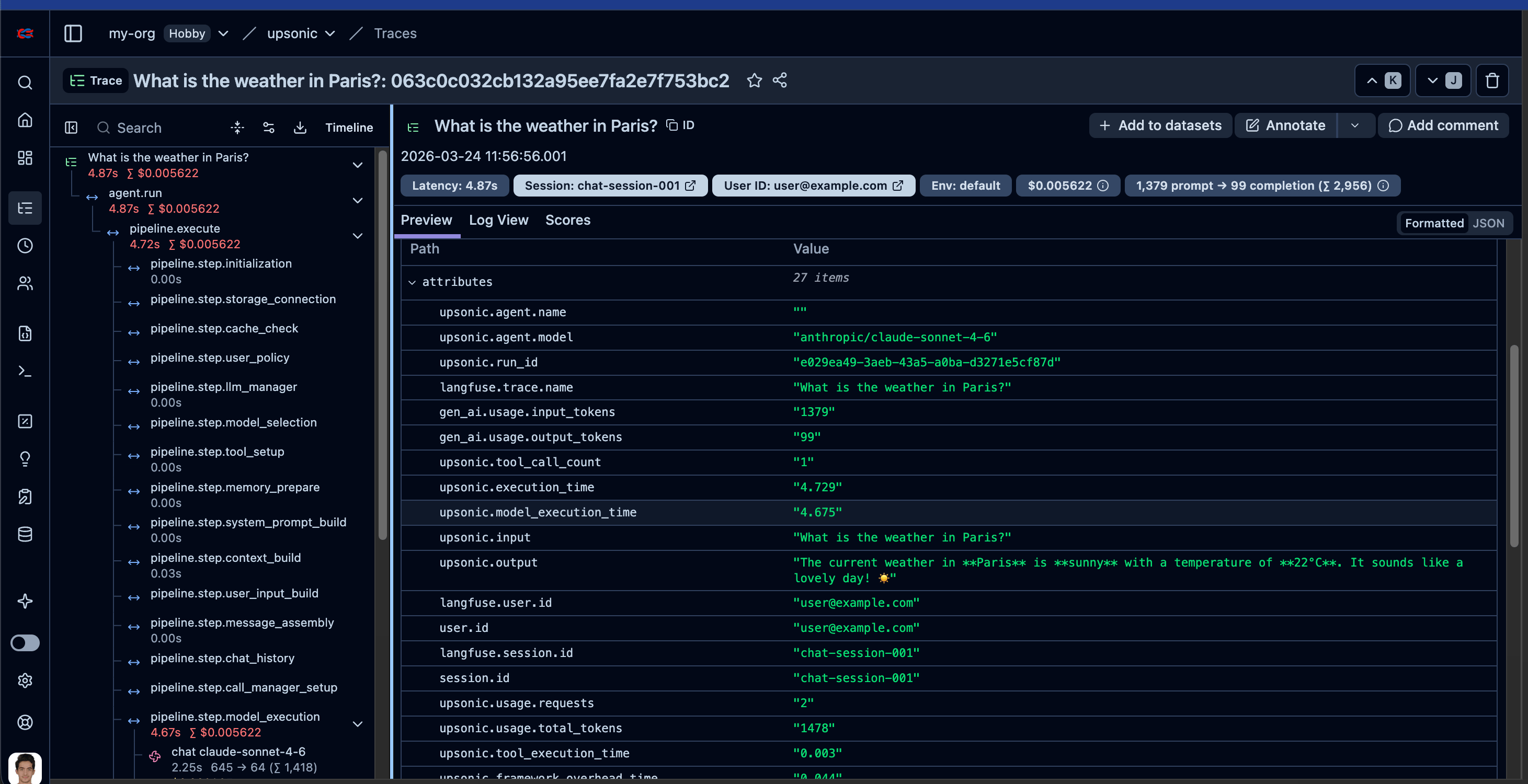 Langfuse trace with tool call spans