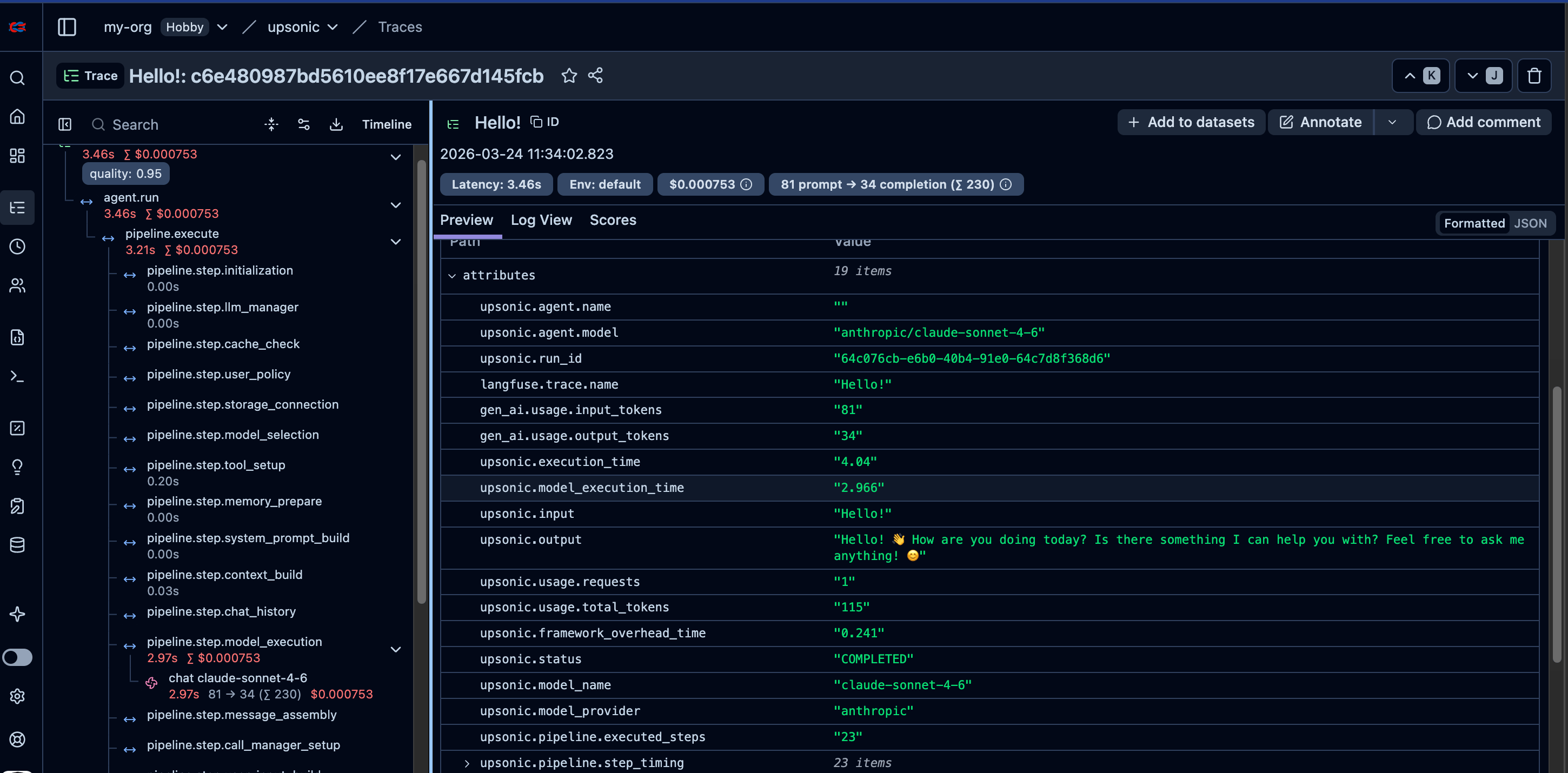 Langfuse trace detail view with spans and metadata