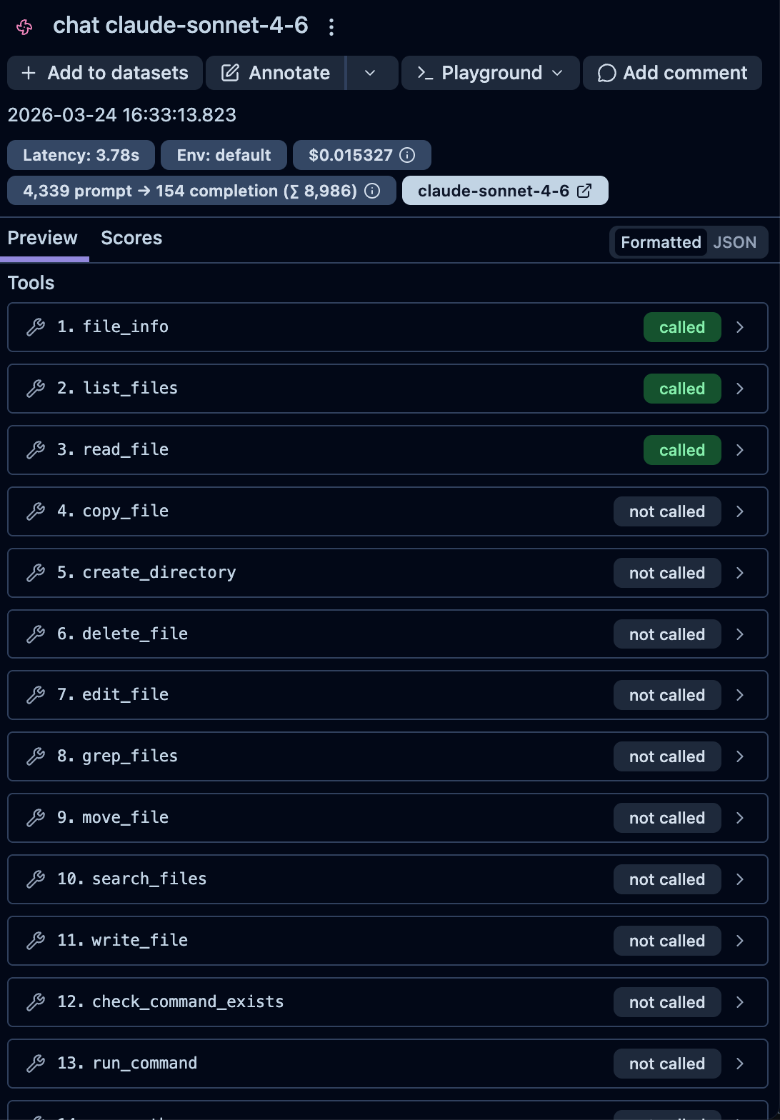 Langfuse LLM generation detail showing tool call status for file_info, list_files, read_file and other available tools