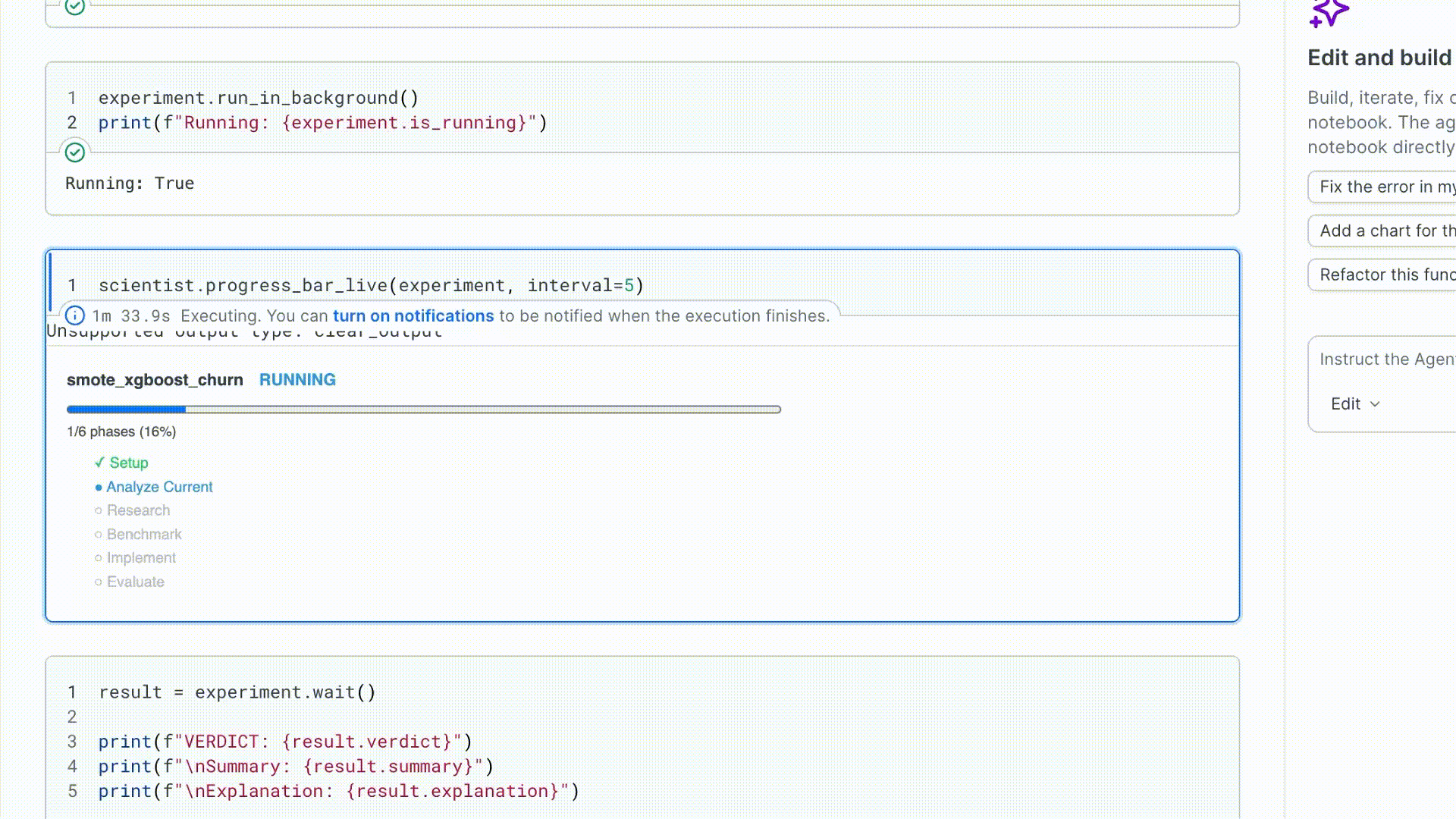 Live progress bar updating phase-by-phase as the experiment runs