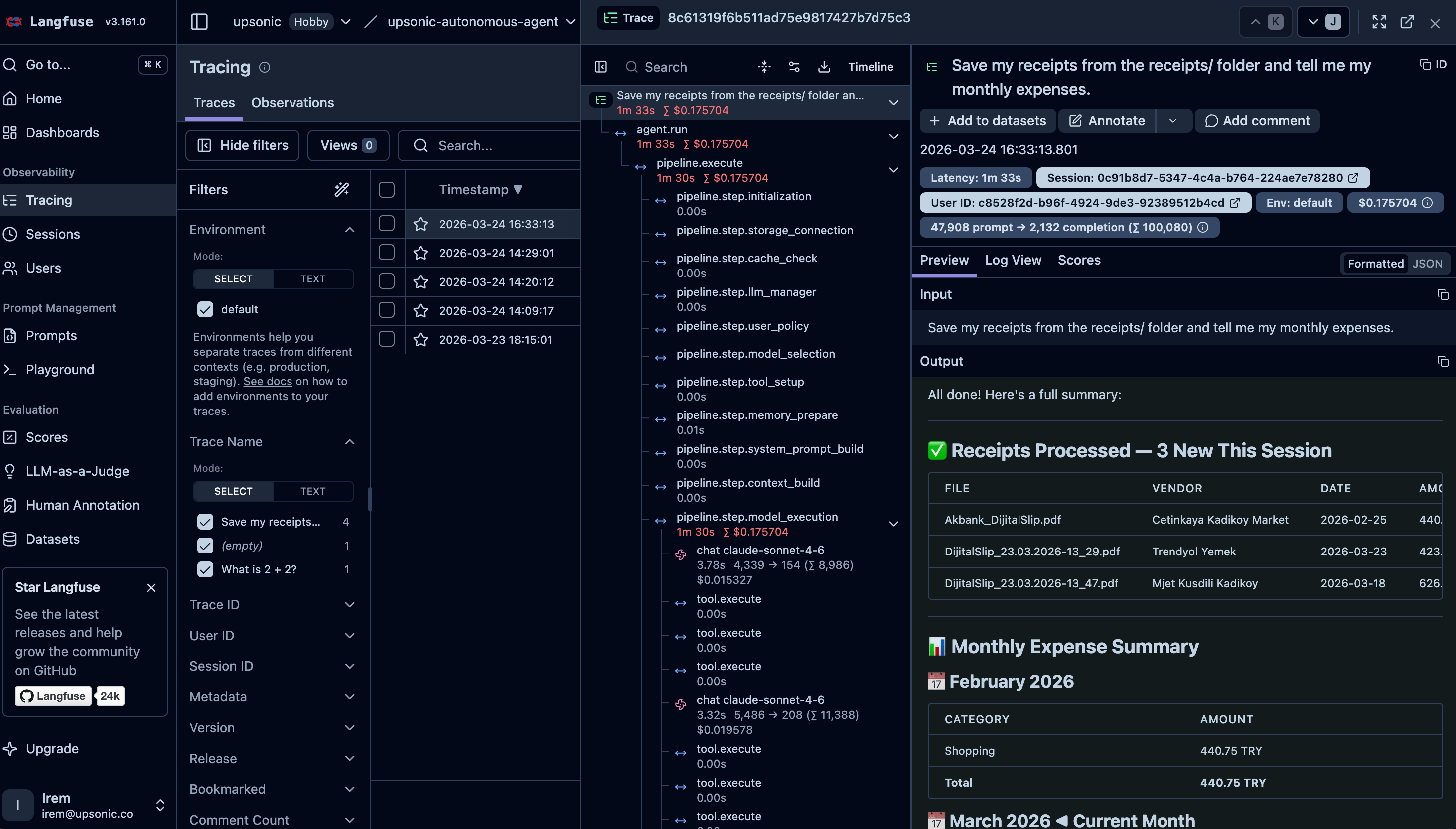 Langfuse trace overview showing the autonomous agent's full execution pipeline, input prompt, extracted receipts, and monthly expense summary