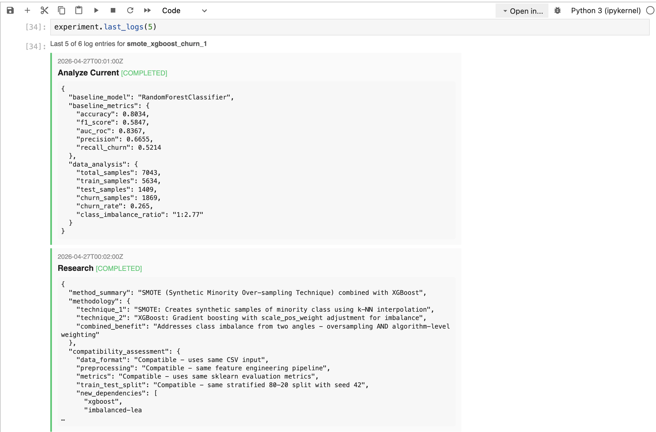 last_logs(5) rendering the most recent phase entries with their structured payloads