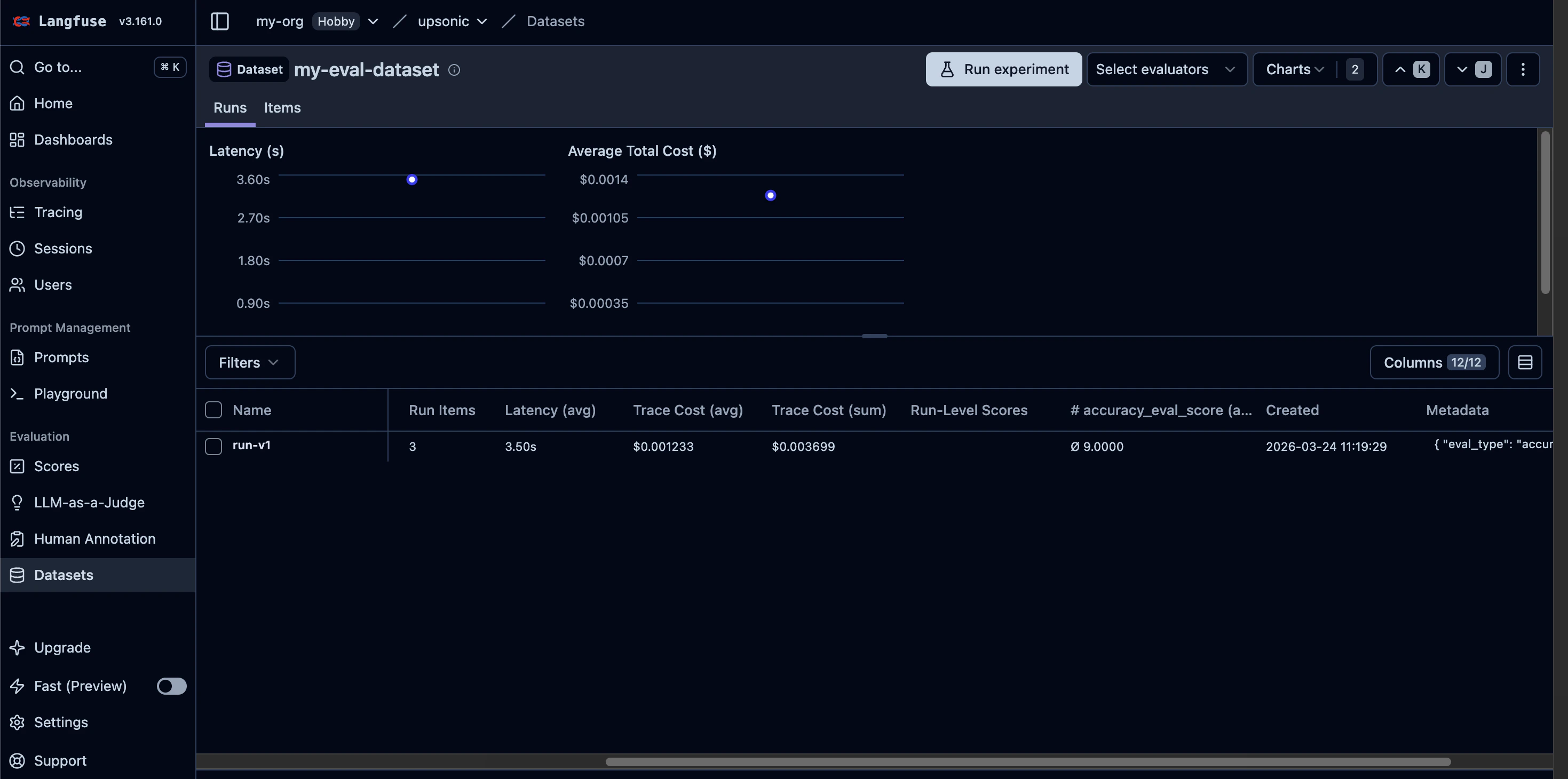 Langfuse datasets overview with items and runs