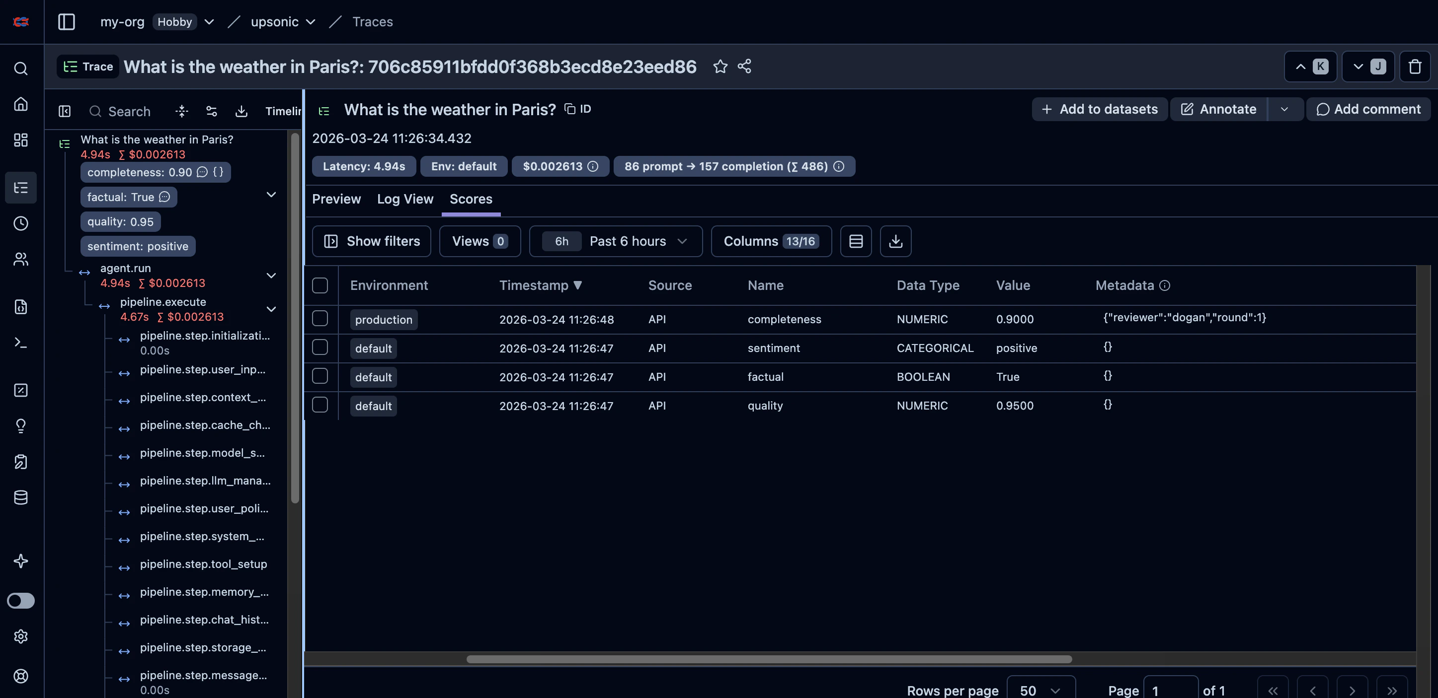 Langfuse trace detail with numeric, boolean, and categorical scores