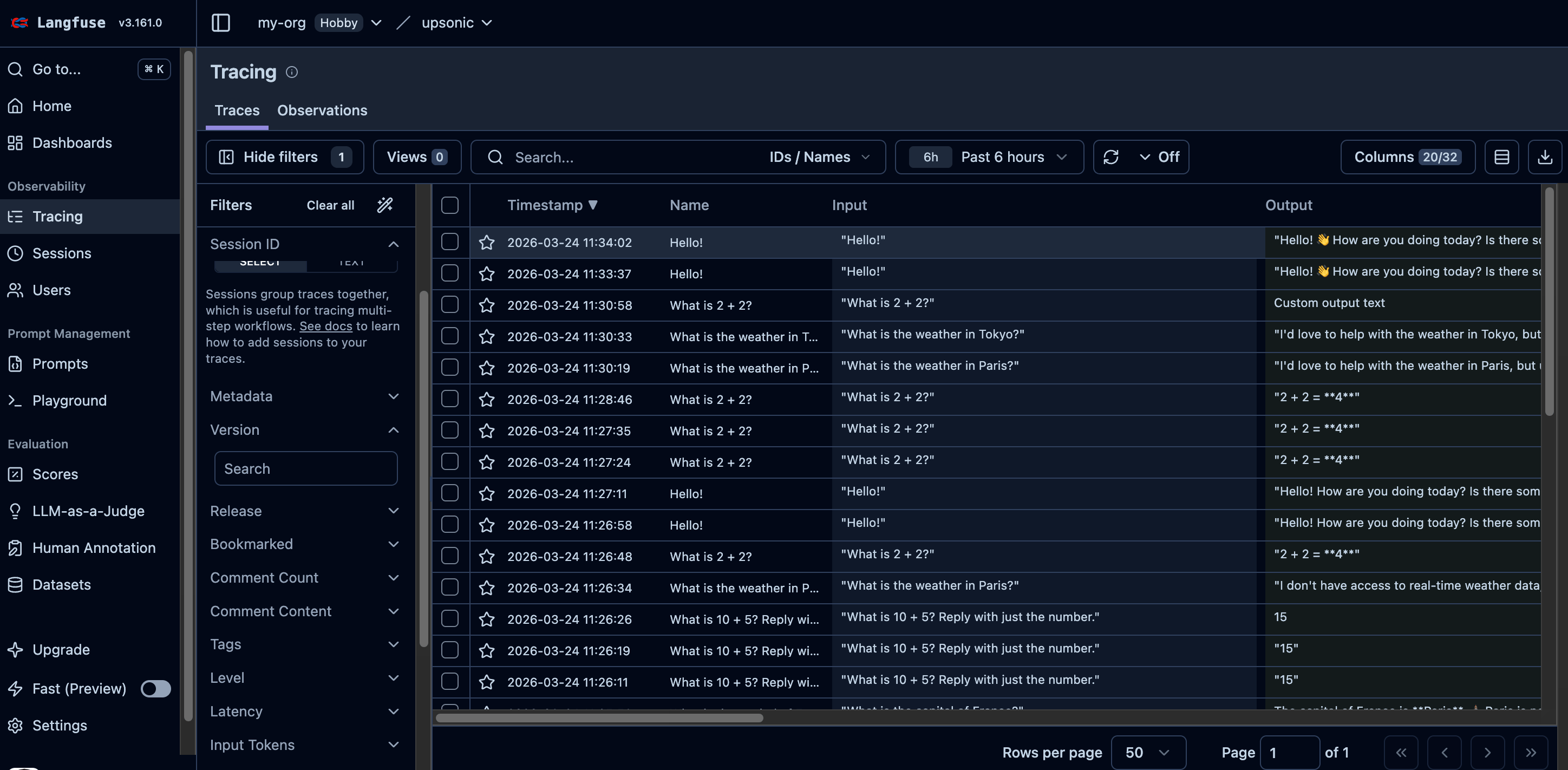 Langfuse trace overview with input, output, and other metrics