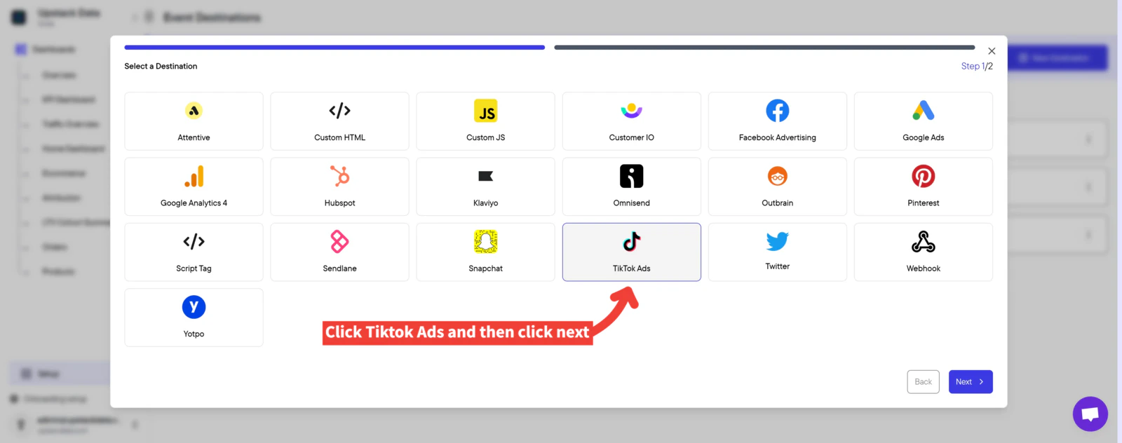 Select Tiktok Ads destination