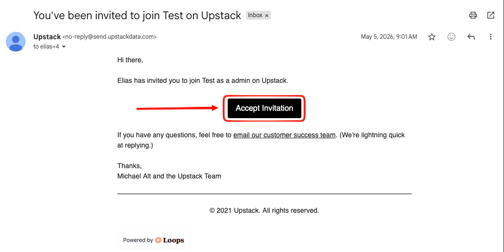 Example team invitation email from Upstack