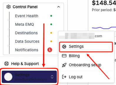 Upstack dashboard navigation with Settings in the bottom-left