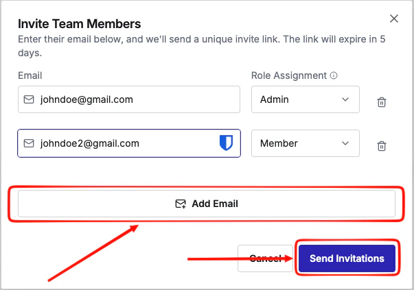 Adding emails and sending invitations to team members