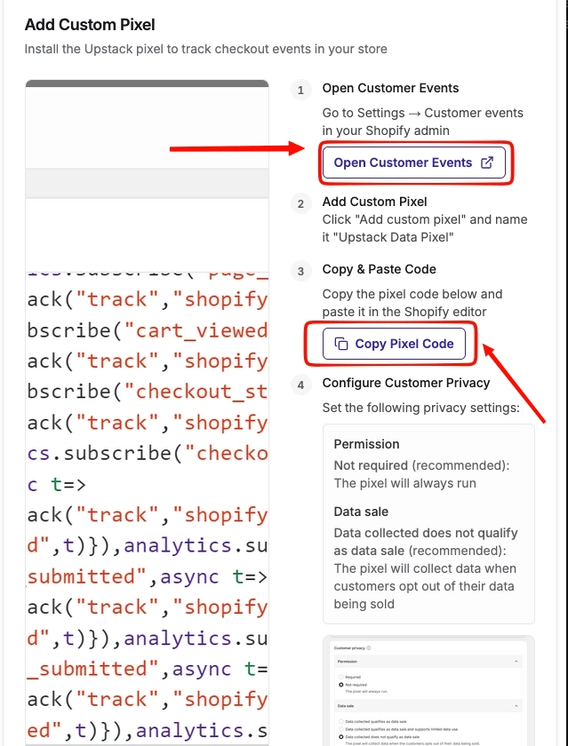 Copy Pixel Code button in the Upstack Data onboarding page