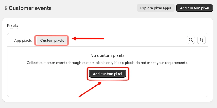Shopify Admin Customer events page with Add custom pixel option