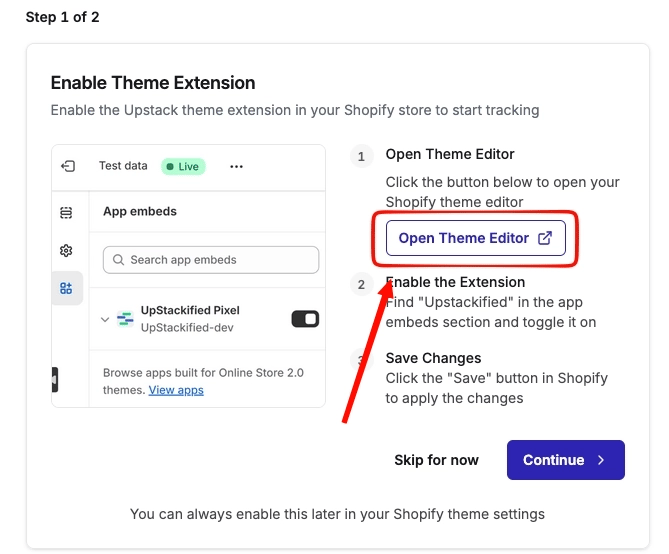Modal prompt to enable the UpStackified Theme App Extension