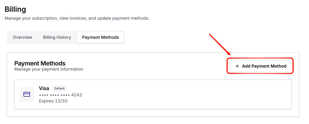 Add Payment Method form for entering new card details