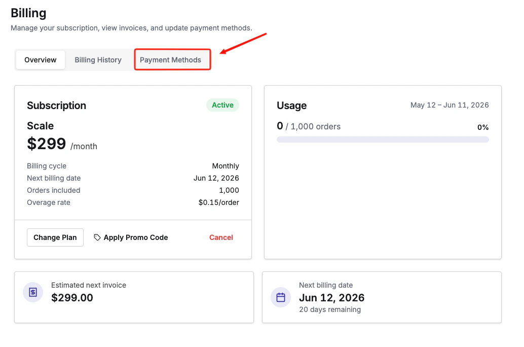 Payment Methods section of the Upstack Data billing page