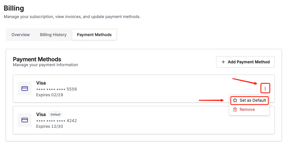 Setting a payment method as default from the three-dot menu