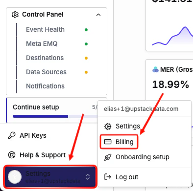 Upstack Data dashboard Settings, Billing page