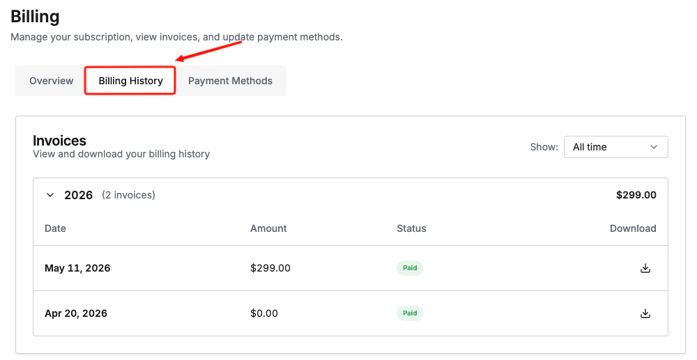 Billing History tab listing previous invoices