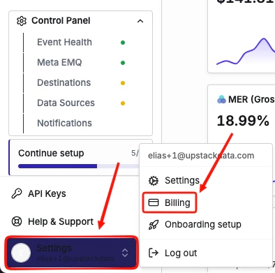 Upstack Data dashboard Settings, Billing page