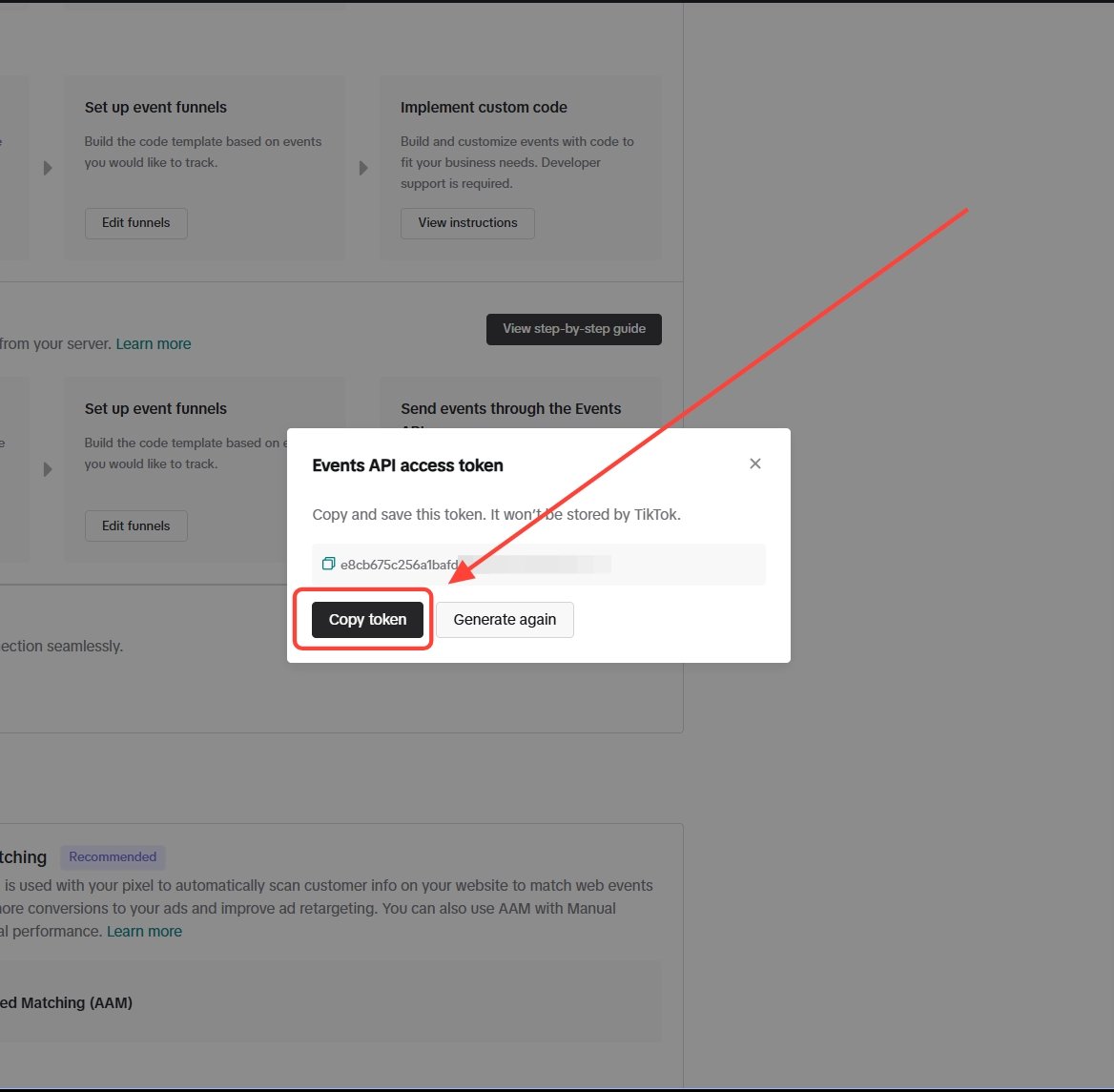 Generated TikTok access token with copy button