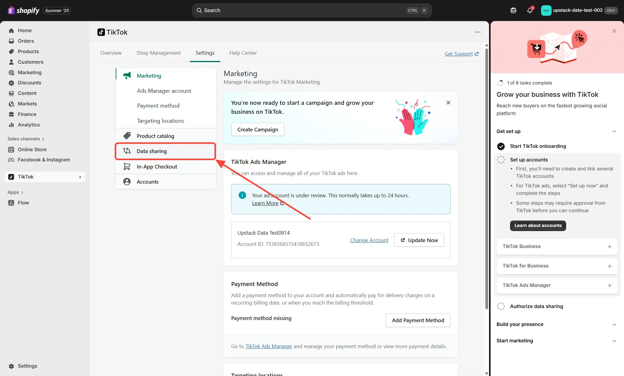 Share Data section with Disconnect button