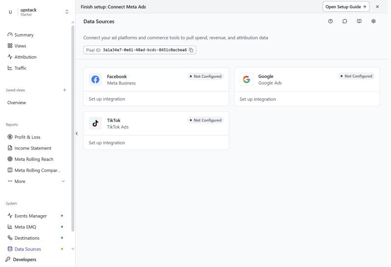 Upstack Data Sources page under System, with the Google card showing Not Configured