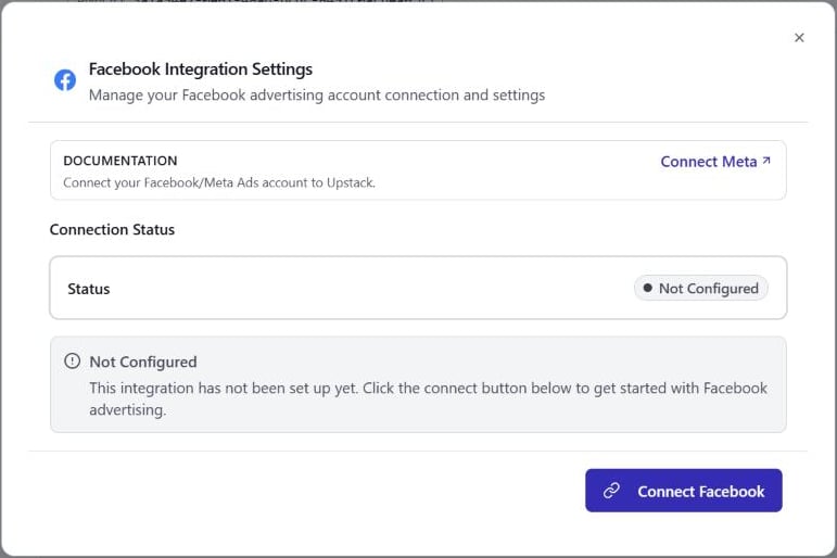 Facebook Integration Settings dialog with status Not Configured and the Connect Facebook button