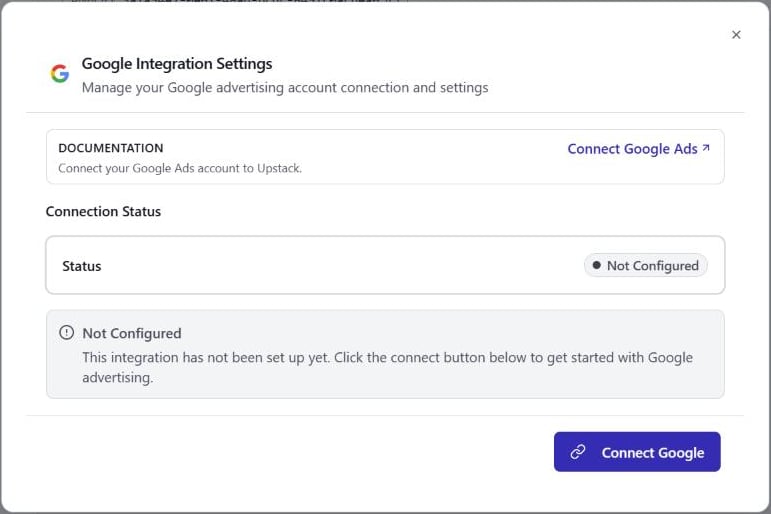 Google Integration Settings dialog with status Not Configured and the Connect Google button