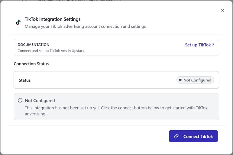 TikTok Integration Settings dialog with status Not Configured and the Connect TikTok button