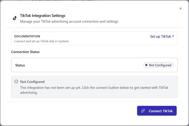 TikTok Integration Settings dialog with status Not Configured and the Connect TikTok button