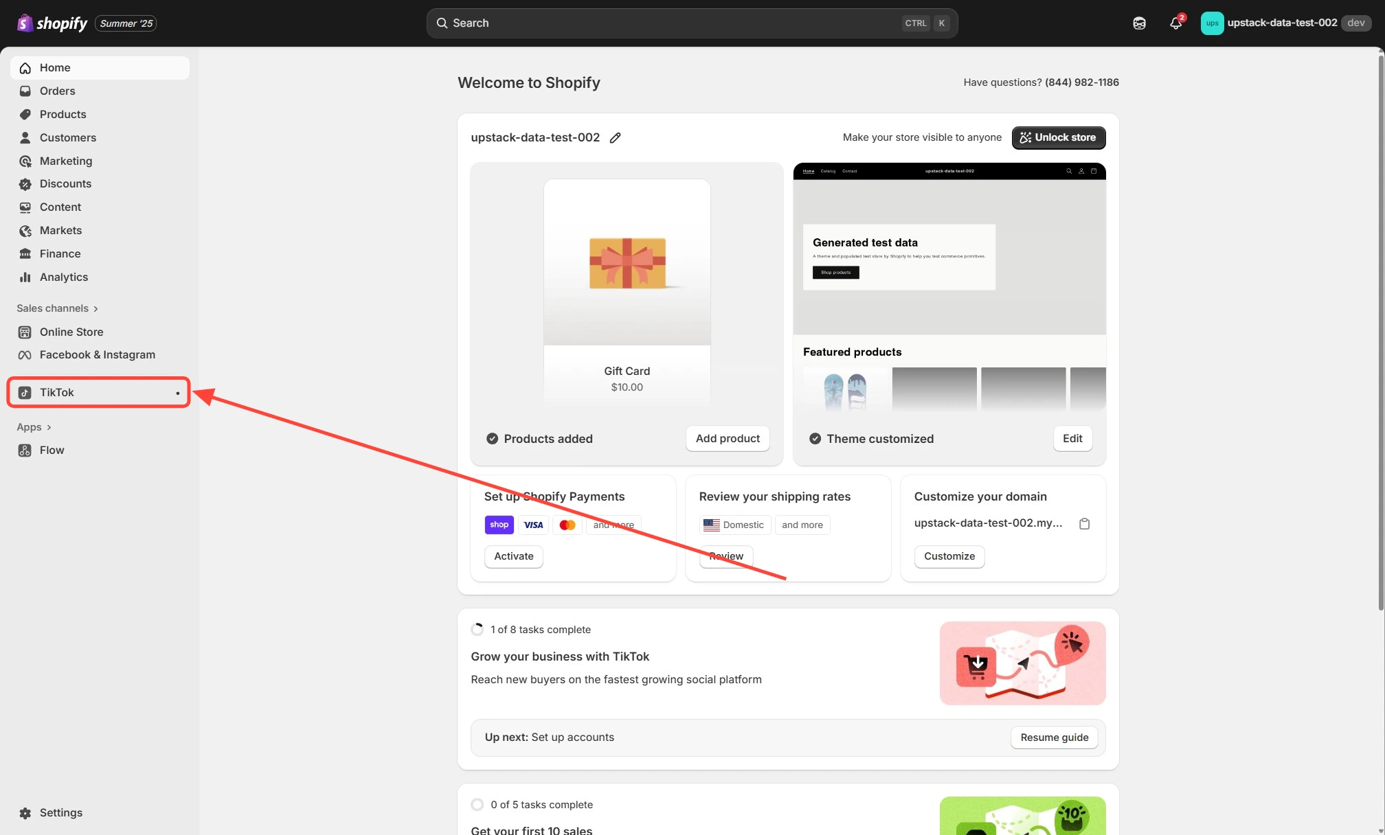 Shopify sidebar with TikTok Sales Channel Settings