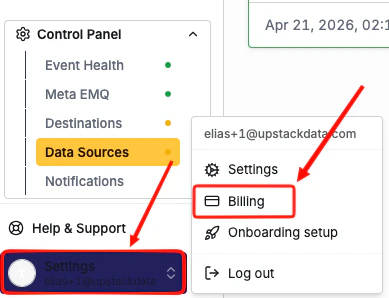 Upstack Data dashboard Settings, Billing page