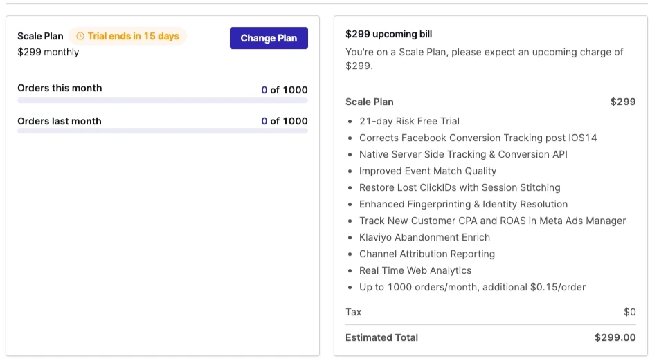 Billing page showing only plan options, indicating Shopify billing