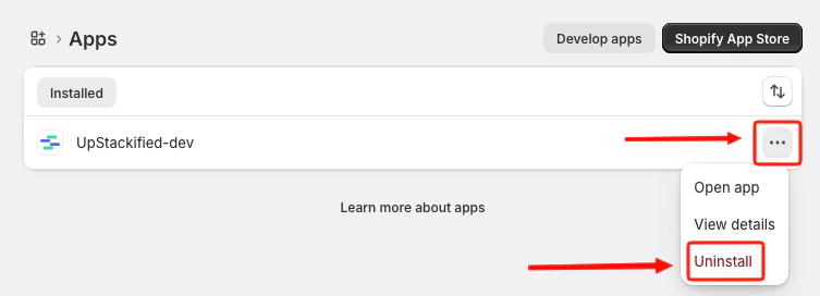 Confirming uninstall of the Upstack Data app in Shopify