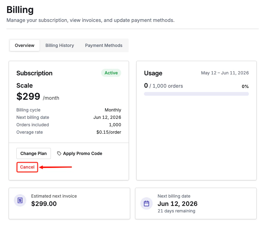 Red Cancel button shown for Stripe direct billing