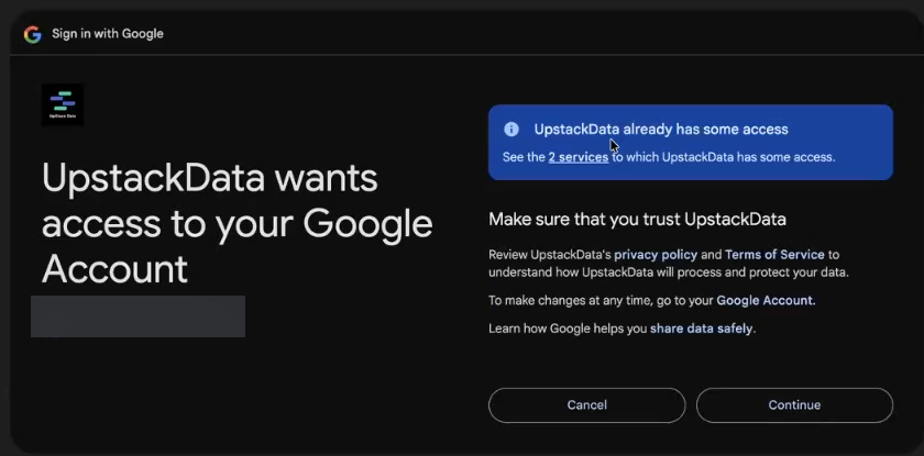 Google's "UpstackData wants access to your Google Account" screen with the Continue button