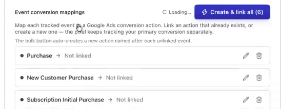 Event conversion mappings with the Create & link all (6) button and each event marked Not linked