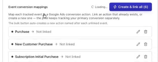 Event conversion mappings with the Create & link all (6) button and each event marked Not linked
