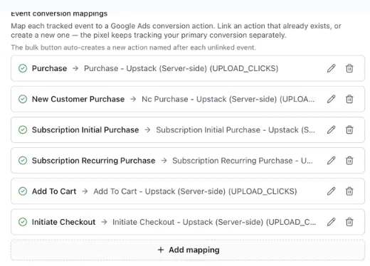 Every event linked to its Upstack (Server-side) conversion action, with the Add mapping button