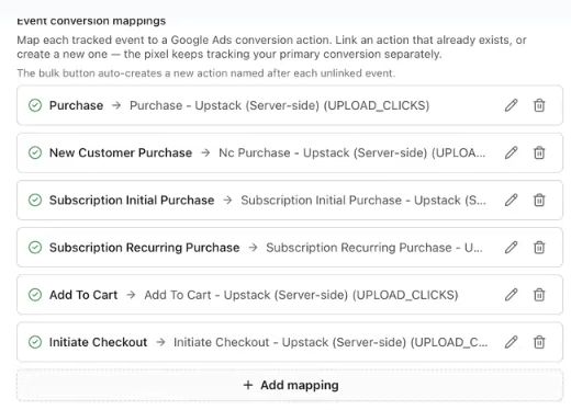 Every event linked to its Upstack (Server-side) conversion action, with the Add mapping button