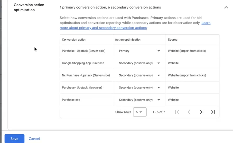 Google Ads Edit settings for Purchases: Purchase - Upstack (Server-side) set to Primary and the other purchase actions set to Secondary (observe only)