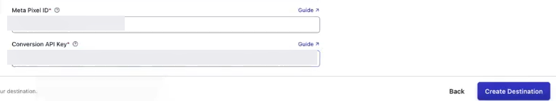 Upstack Meta Ads destination: the Meta Pixel ID and Conversion API Key fields, and Create Destination